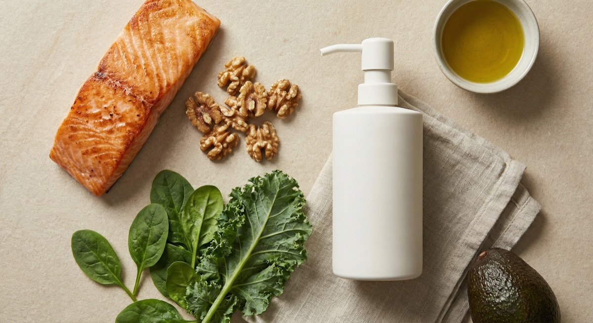Salmon, greens, and a minimalist shampoo bottle on beige surface