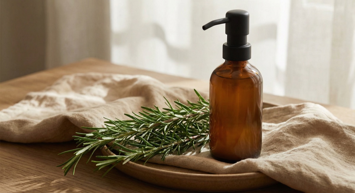 Rosemary sprigs beside an amber shampoo bottle