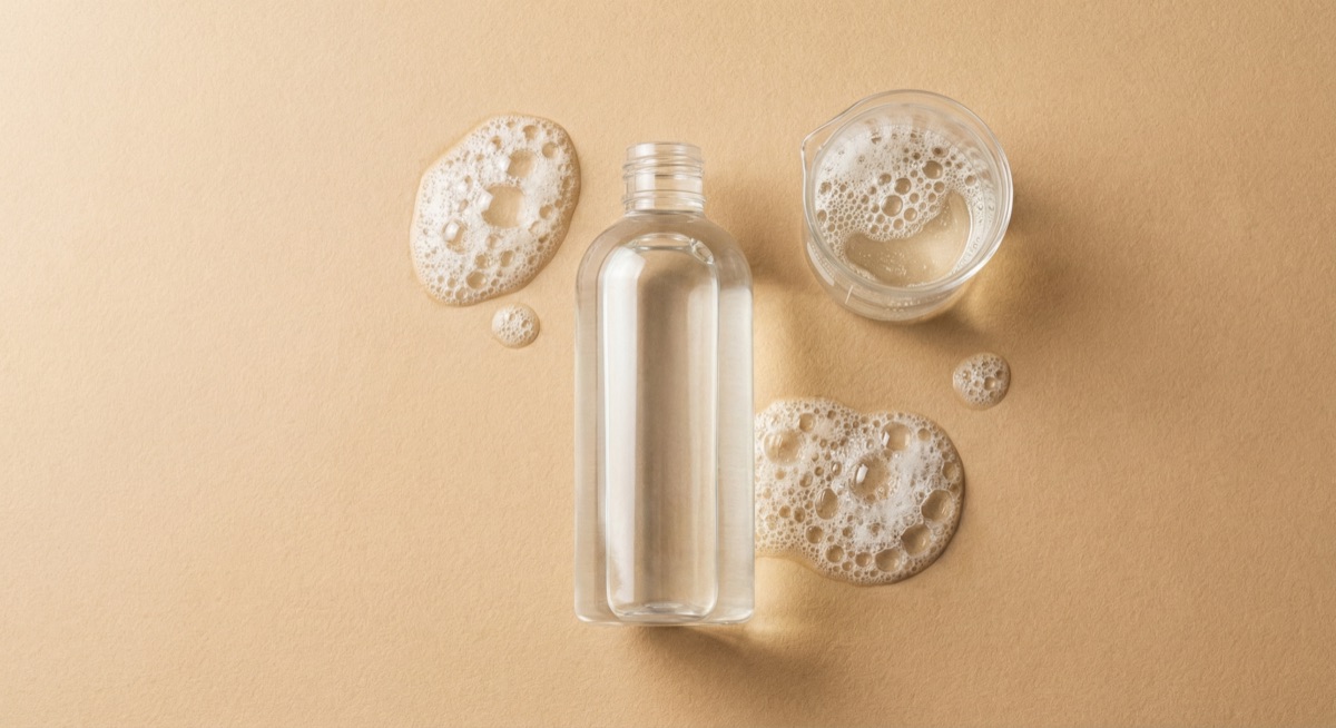 Clear shampoo bottle with gentle foam and beaker