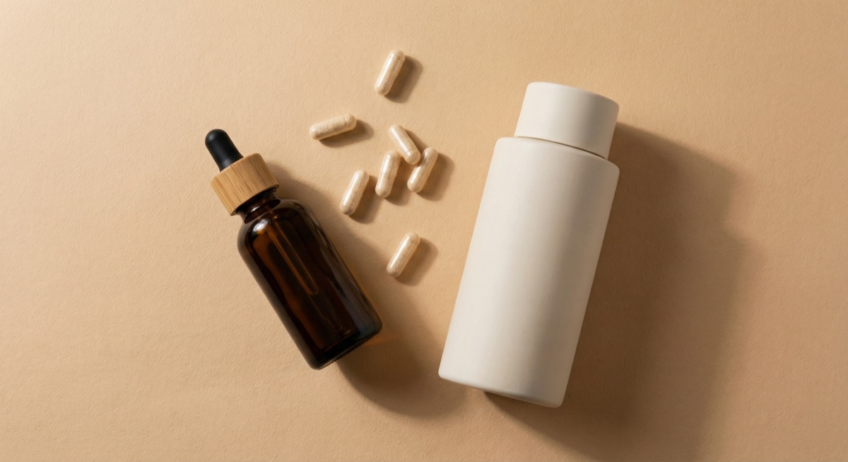 Vitamin capsules with amber dropper and shampoo bottle