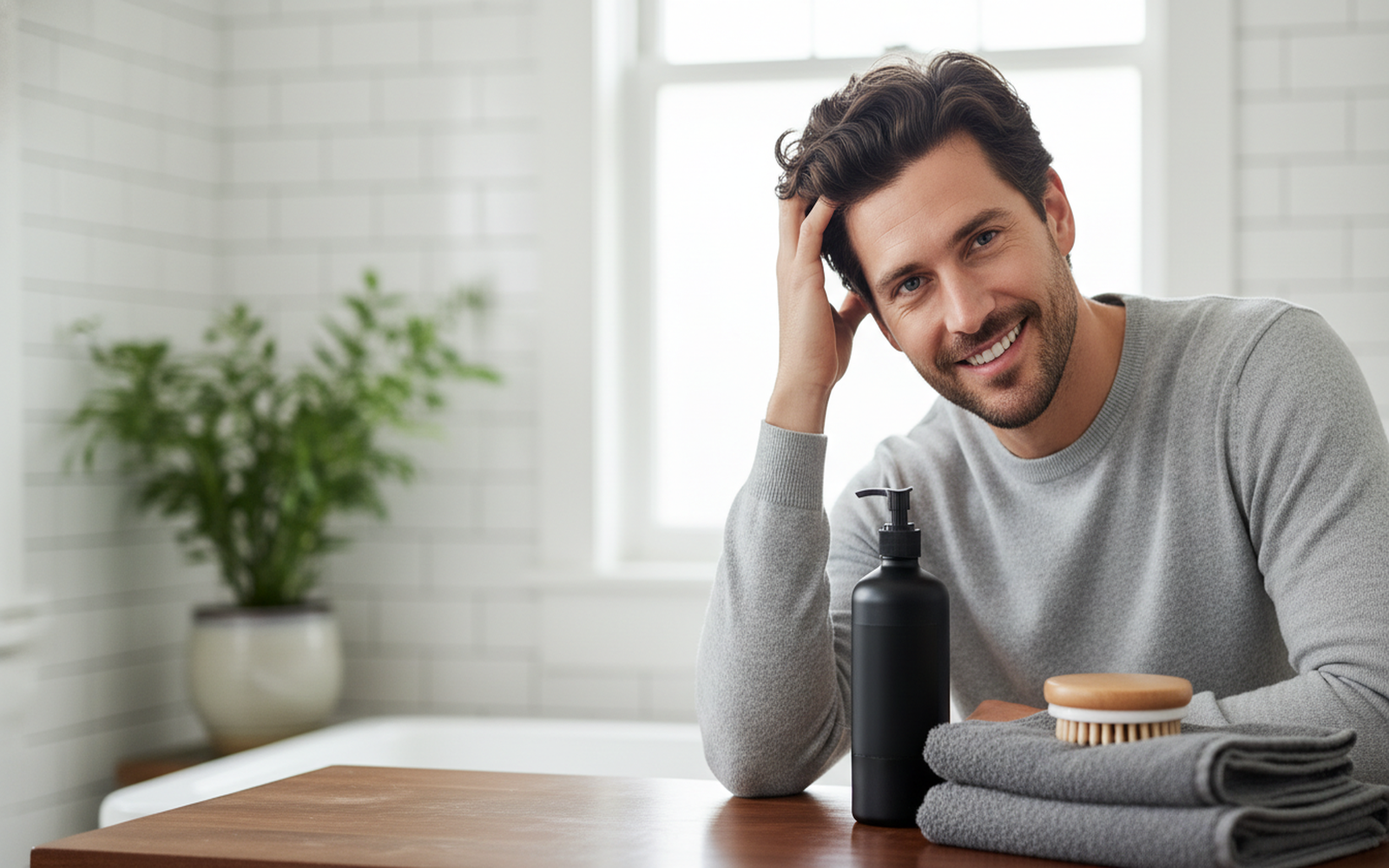 Men's hair care setup with unbranded shampoo, towel, and comb